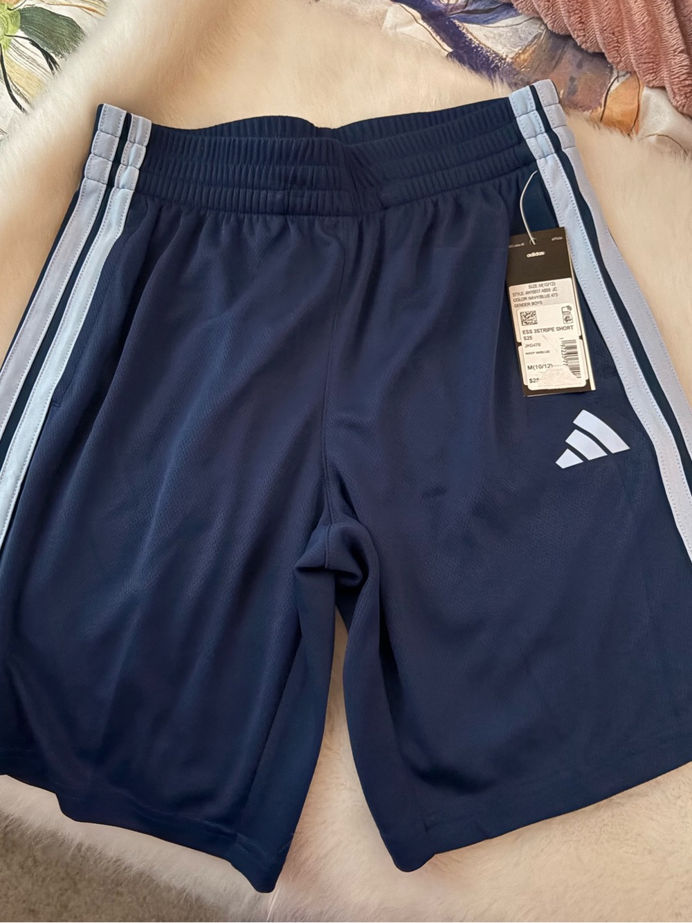 adidas Boys Dark Blue Athletic Shorts with Light Blue Stripes Size Medium NWT
